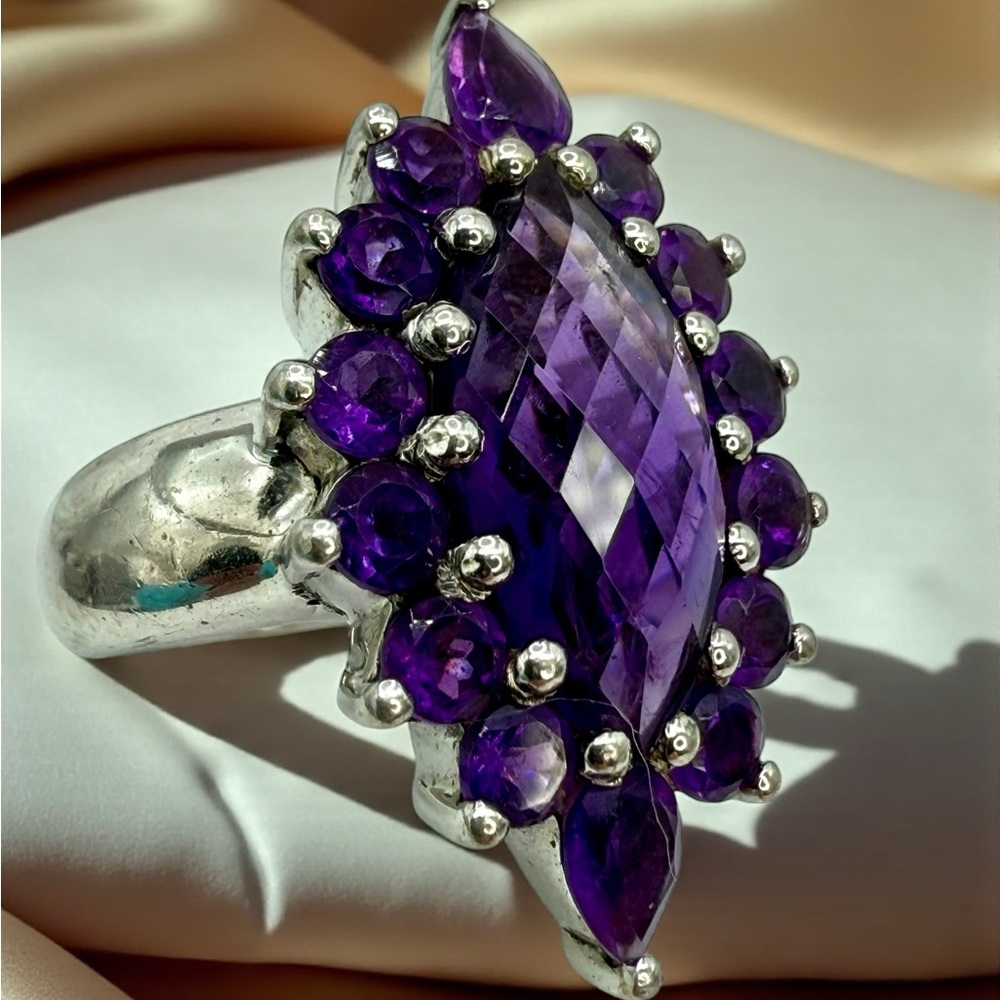 Estate Genuine Amethyst Marquise Statement Ring – 12ct – Sterling Silver –Size 7
